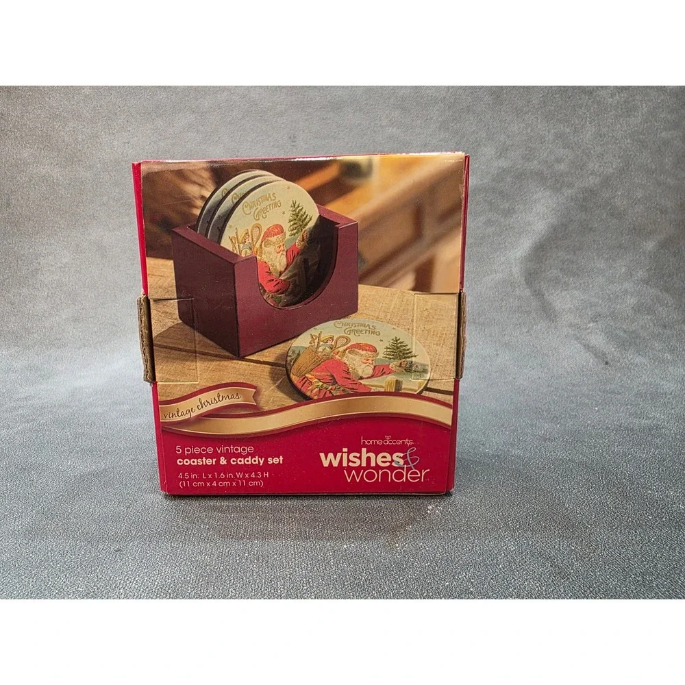 Home Accents Wishes & Wonder Vintage Christmas 5 Piece Coaster & Caddy Set NEW